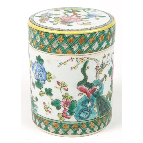 1089 - Chinese Canton porcelain cylindrical box and cover hand painted in the famille rose palette with bir... 