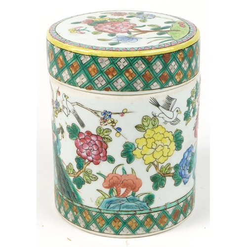 1089 - Chinese Canton porcelain cylindrical box and cover hand painted in the famille rose palette with bir... 