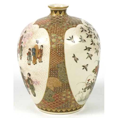 67 - Japanese Satsuma pottery vase hand painted with mothers and children and birds amongst flowers, char... 