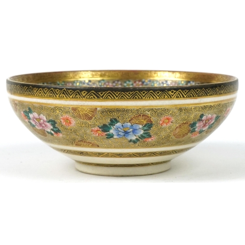 69 - Japanese Satsuma pottery bowl hand painted with figures and flowers, character marks to the base, 12... 