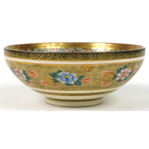 69 - Japanese Satsuma pottery bowl hand painted with figures and flowers, character marks to the base, 12... 