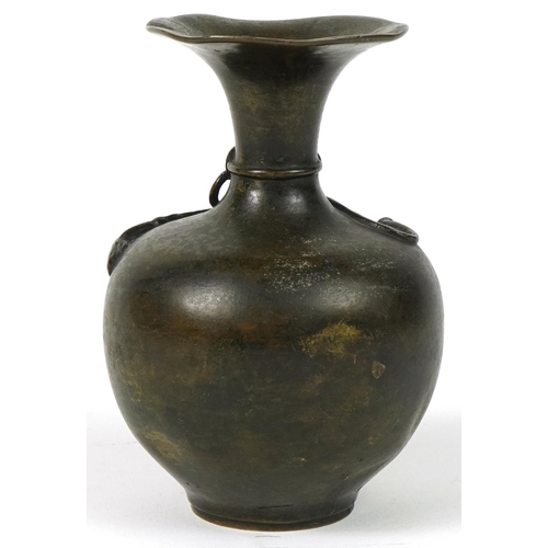 279 - Japanese patinated bronze vase cast in relief with a ribbon and flowers, 12cm high