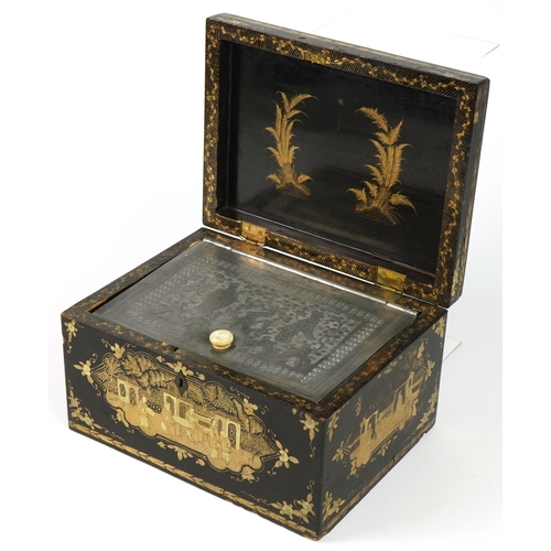 96 - Chinese black lacquered tea caddy with pewter liner gilded with figures amongst pavilions and flower... 