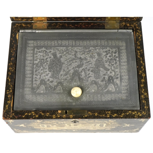 96 - Chinese black lacquered tea caddy with pewter liner gilded with figures amongst pavilions and flower... 