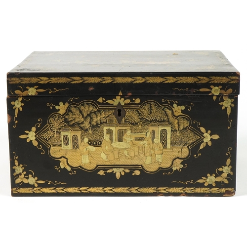 96 - Chinese black lacquered tea caddy with pewter liner gilded with figures amongst pavilions and flower... 