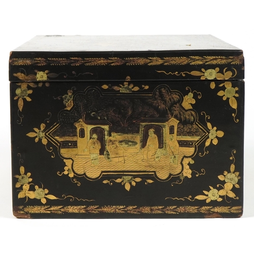 96 - Chinese black lacquered tea caddy with pewter liner gilded with figures amongst pavilions and flower... 