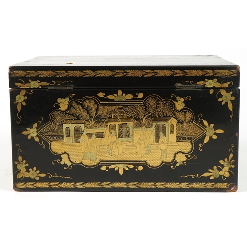 96 - Chinese black lacquered tea caddy with pewter liner gilded with figures amongst pavilions and flower... 