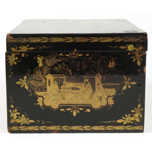 96 - Chinese black lacquered tea caddy with pewter liner gilded with figures amongst pavilions and flower... 