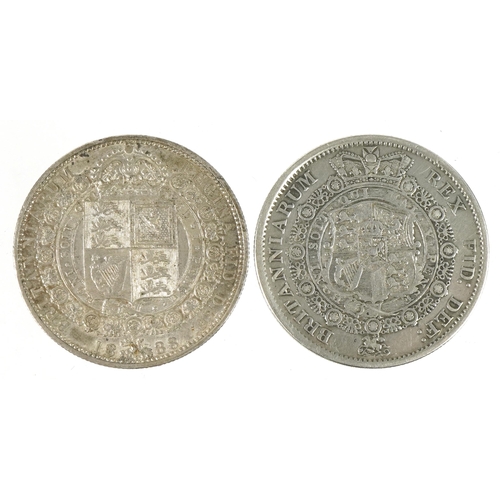 1414 - Two silver half crowns comprising George III 1817 and Queen Victoria 1888