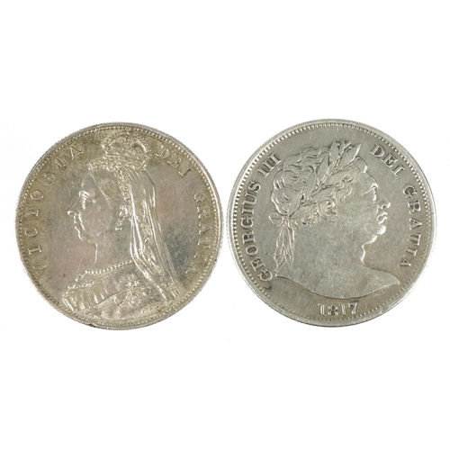 1414 - Two silver half crowns comprising George III 1817 and Queen Victoria 1888