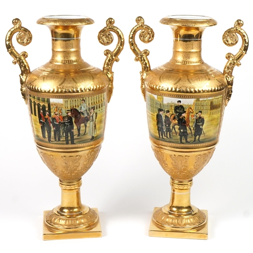 Large pair of continental gilt porcelain vases each hand painted with panels of soldiers in military dress, each 46cm high