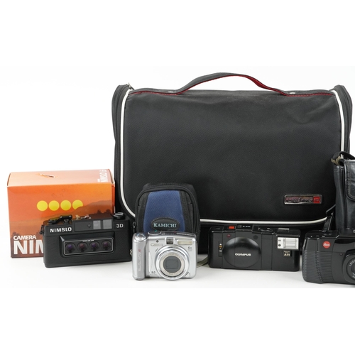 1327 - Cameras comprising Canon 1000D, Leica C2 Zoom, Olympus XA2, Canon A720 and Nimslo 3D