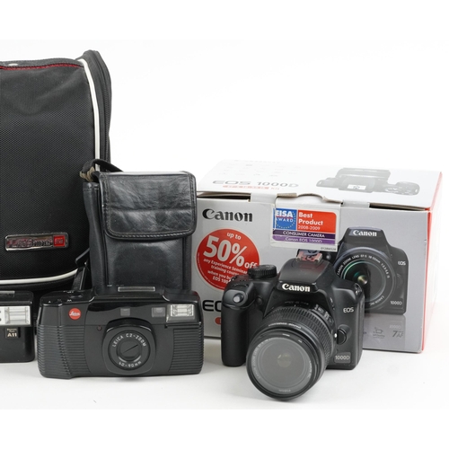 1327 - Cameras comprising Canon 1000D, Leica C2 Zoom, Olympus XA2, Canon A720 and Nimslo 3D