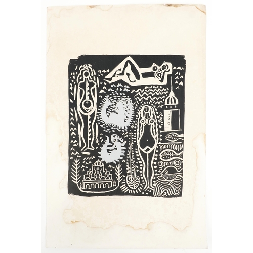 1247 - Bedri Rahmi - Abstract composition with nude females, screen print on card inscribed in pencil, limi... 