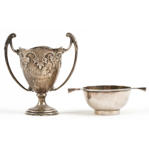 193 - Mappin & Webb twin handled trophy engraved Saint Vincent Saffery Billiard Cup 1920 and a silver twin... 