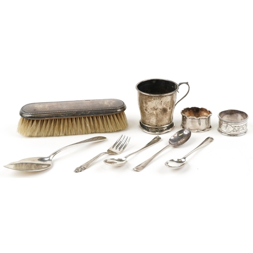 291A - Edwardian and later silver objects including a christening tankard, sterling silver cake slice and e... 