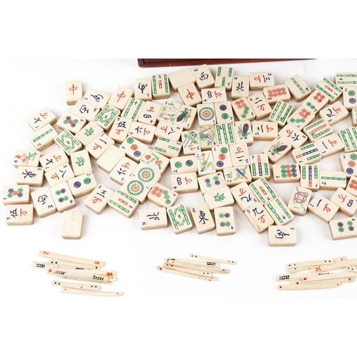 1359 - Chinese bone and bamboo mahjong set by j Jaques & Son housed in a hardwood five drawer chest with me... 