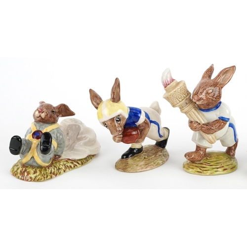 371 - Six Royal Doulton Bunnykins figures comprising Jogging Bunnykins, Olympic Bunnykins, Touch Down Bunn... 