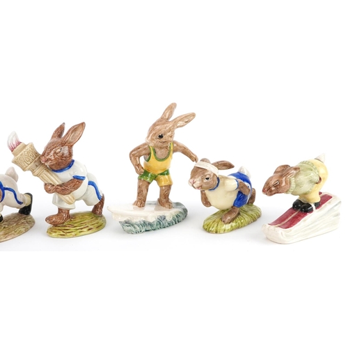 371 - Six Royal Doulton Bunnykins figures comprising Jogging Bunnykins, Olympic Bunnykins, Touch Down Bunn... 