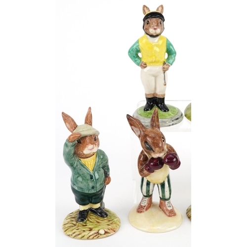 370 - Eight Royal Doulton Bunnykins figures, two with certificates, comprising Knock-Out Bunnykins, Bogey ... 