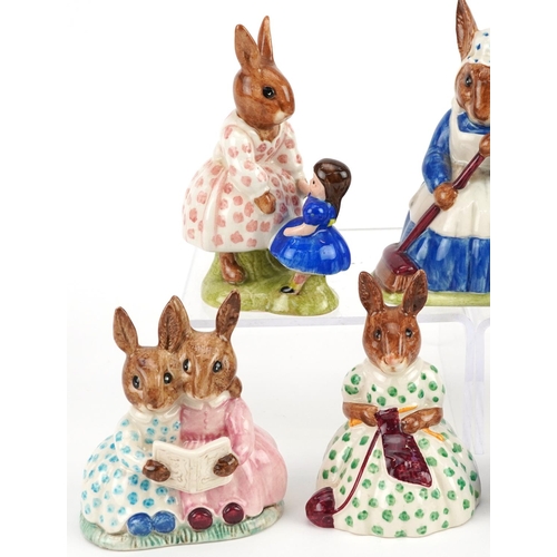 355 - Seven Royal Doulton Bunnykins figures comprising Buntie Helping Mother Bunnykins, Clean Sweep Bunnyk... 