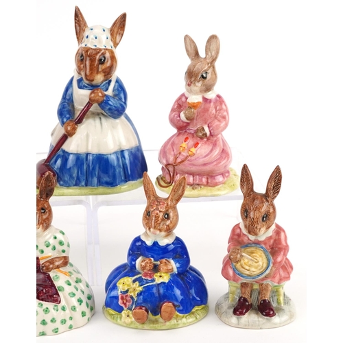 355 - Seven Royal Doulton Bunnykins figures comprising Buntie Helping Mother Bunnykins, Clean Sweep Bunnyk... 