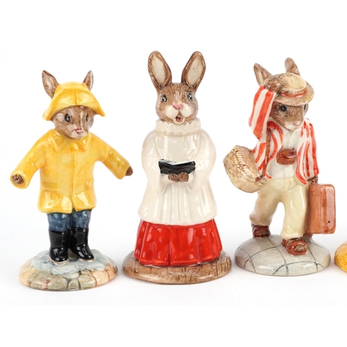 350 - Seven Royal Doulton Bunnykins figures, five with certificates, comprising Rainy Day Bunnykins, Fathe... 