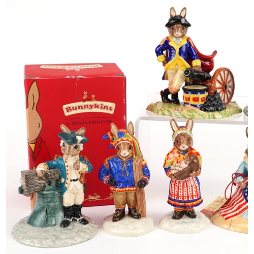 340 - Nine Royal Doulton Bunnykins figures, seven with certificates, comprising Mexican Bunnykins, Liberty... 