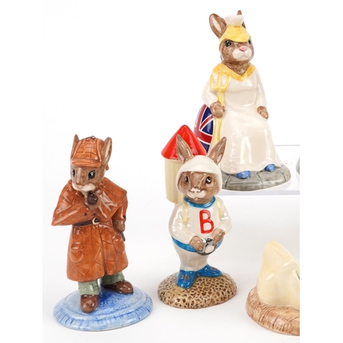 375 - Seven Royal Doulton Bunnykins figures, five with certificates, comprising Detective Bunnykins, Astro... 