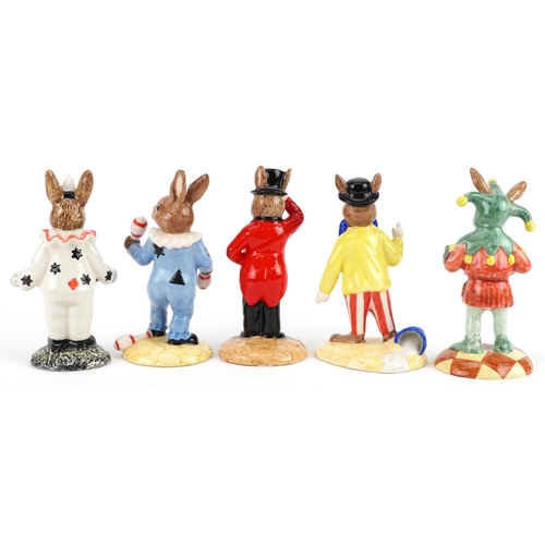 343 - Five Royal Doulton Bunnykins figures, four with certificates, comprising Clown Bunnykins, Ringmaster... 