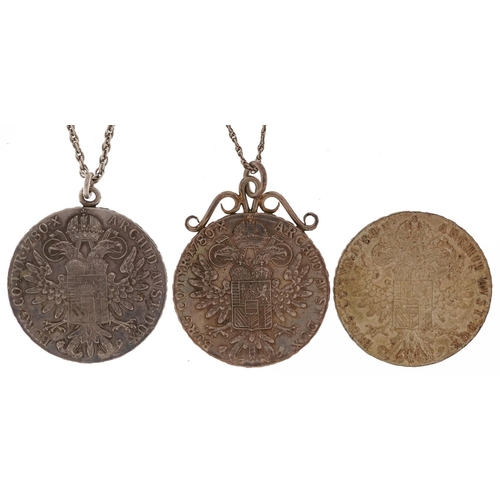 1412 - Three Maria Theresa thaler coins, two with pendant mounts on necklaces