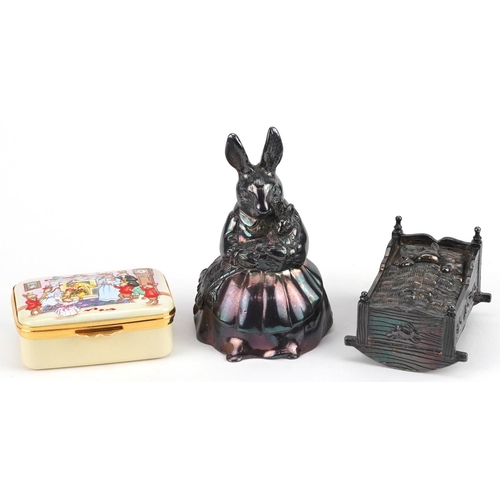 382 - Two Royal Doulton Bunnykins musical boxes and a Royal Doulton enamelled box commemorating the millen... 