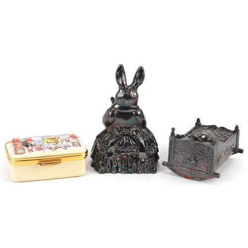 382 - Two Royal Doulton Bunnykins musical boxes and a Royal Doulton enamelled box commemorating the millen... 