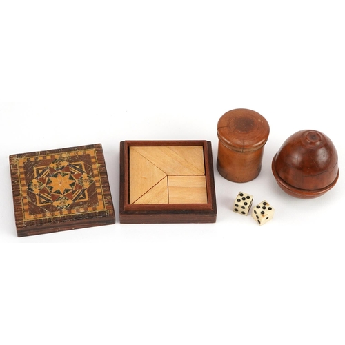 233 - 19th century treen including a square Tunbridge Ware puzzle box with tangram pieces, the largest 5.5... 