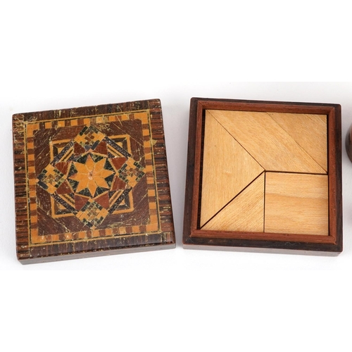 233 - 19th century treen including a square Tunbridge Ware puzzle box with tangram pieces, the largest 5.5... 