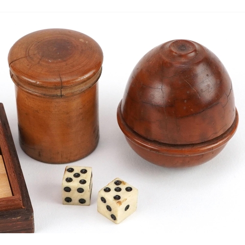 233 - 19th century treen including a square Tunbridge Ware puzzle box with tangram pieces, the largest 5.5... 