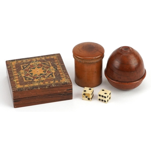 233 - 19th century treen including a square Tunbridge Ware puzzle box with tangram pieces, the largest 5.5... 