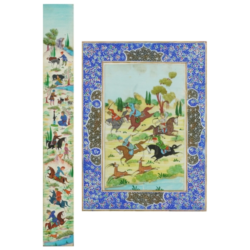 409 - Two Persian plaques hand painted with warriors, housed in a Vizagapatam micro mosaic inlaid frames, ... 