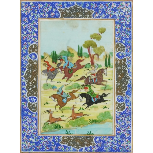 409 - Two Persian plaques hand painted with warriors, housed in a Vizagapatam micro mosaic inlaid frames, ... 