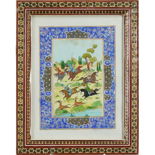 409 - Two Persian plaques hand painted with warriors, housed in a Vizagapatam micro mosaic inlaid frames, ... 