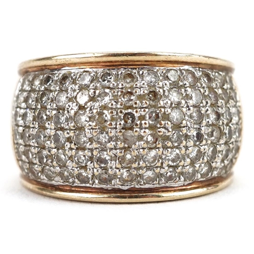 2033 - 9ct gold diamond six row cluster ring, total diamond weight approximately 1.0 carat, size K, 5.0g