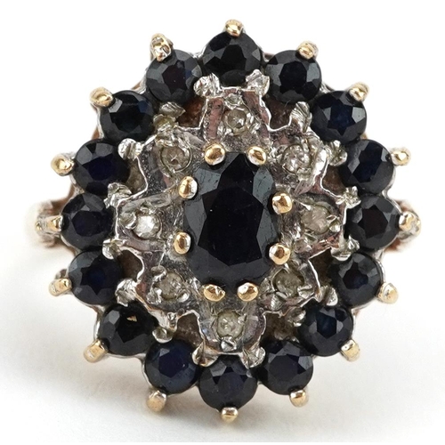 2084 - 9ct gold sapphire and diamond two tier cluster ring, size M/N, 4.0g