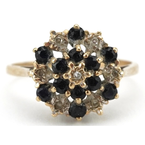 2201 - 9ct gold blue spinel and diamond three tier cluster ring, size I/J, 2.0g