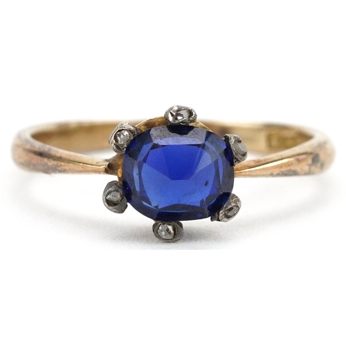 2736 - 18ct gold sapphire and diamond cluster ring, the sapphire approximately 6.60mm x 5.80mm x 3.50mm dee... 