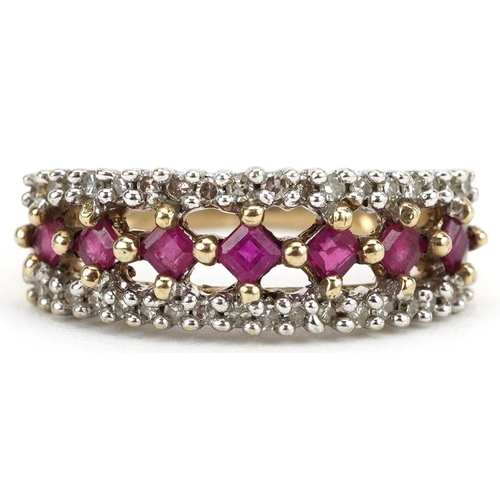 2091 - 9ct gold ruby and diamond three row half eternity ring, size J/K, 3.0g