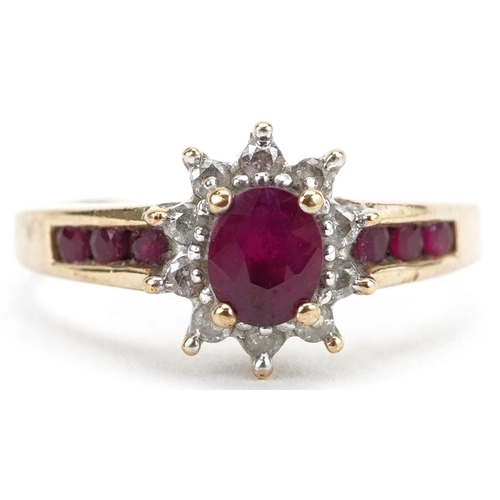 2562 - 9ct gold ruby and diamond cluster ring with ruby set shoulders, size M/N, 2.6g