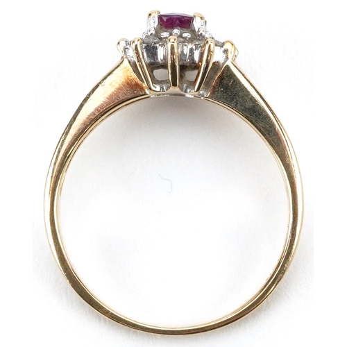 2562 - 9ct gold ruby and diamond cluster ring with ruby set shoulders, size M/N, 2.6g