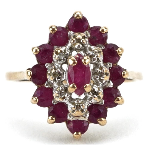 2101 - 9ct gold ruby and diamond three tier cluster ring, size K, 2.2g