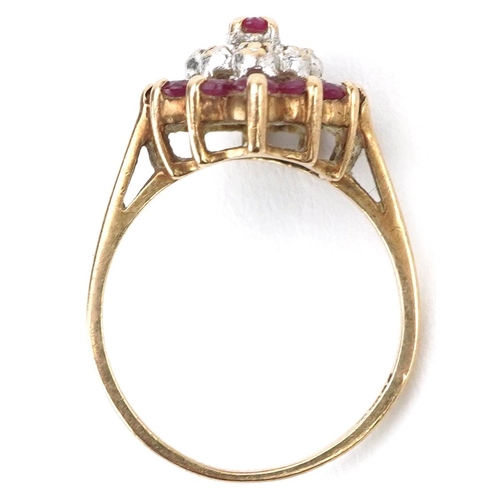 2101 - 9ct gold ruby and diamond three tier cluster ring, size K, 2.2g