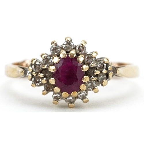 2150 - 9ct gold ruby and diamond cluster ring, size I, 1.8g